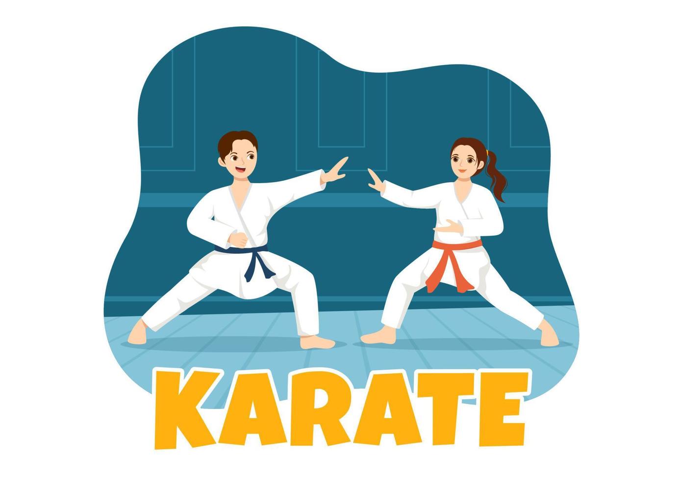 kinderen aan het doen sommige eenvoudig karate krijgshaftig kunsten beweegt, vechten houding en vervelend kimono in tekenfilm hand- getrokken voor landen bladzijde Sjablonen illustratie vector