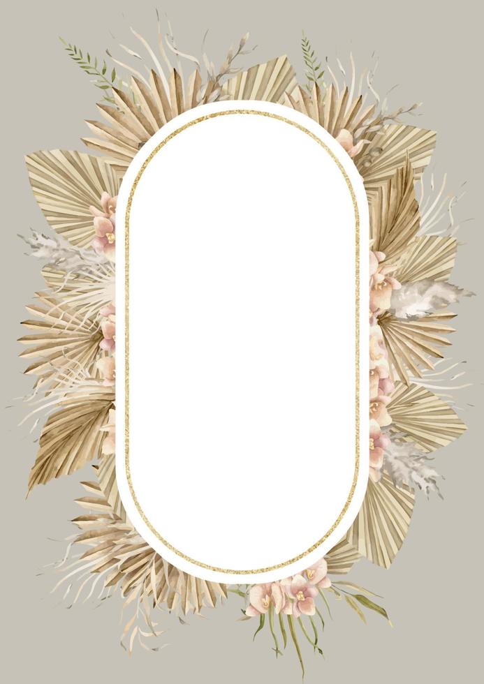 waterverf bloemen sjabloon voor groet kaart of uitnodigingen in boho stijl. ansichtkaart met droog palm bladeren en orchidee bloemen. tropisch Boheems planten Aan geïsoleerd achtergrond. beige en goud kleuren vector