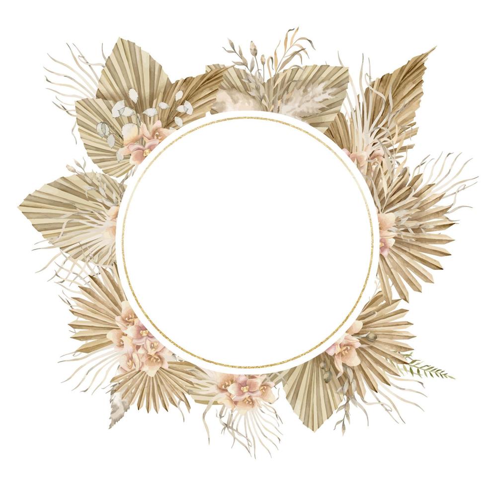 ronde krans in boho stijl. hand- getrokken Boheems bloemen cirkel kader met palm bladeren en orchideeën Aan geïsoleerd achtergrond. droog tropisch planten met gouden structuur voor bruiloft uitnodigingen of kaarten vector