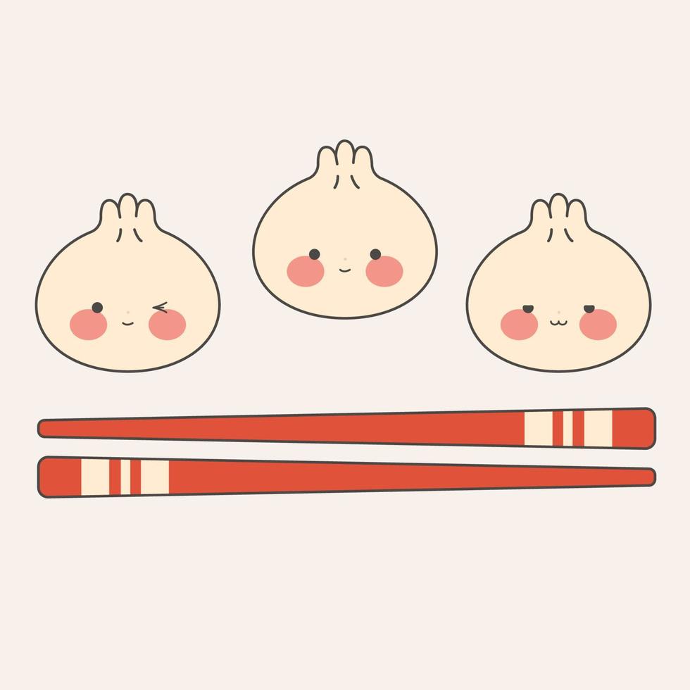 schattig knoedels met verschillend emoticons Aan een bamboe bord. kawaii afm som. Aziatisch traditioneel keuken. vector illustratie in tekenfilm vlak stijl.