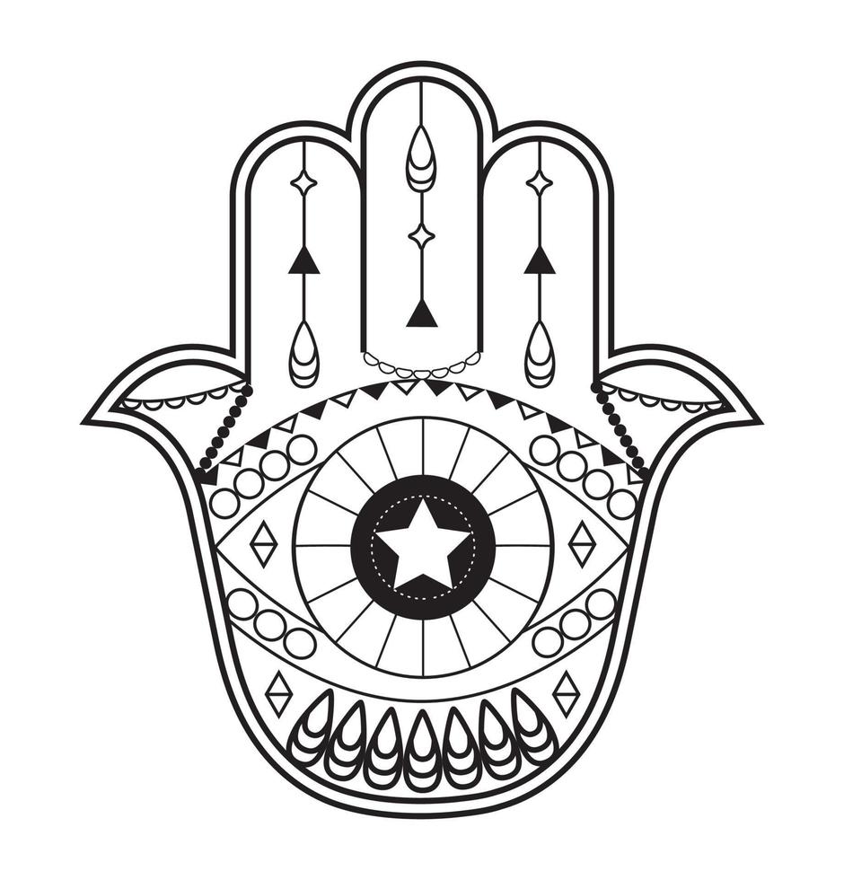 hamsa hand- vector met mystiek, esoterisch symbolen Leuk vinden piramide, onheil oog. Indisch kleur bladzijde, tatoeëren, henna- illustratie. wicca, astrologisch, occult kunst.