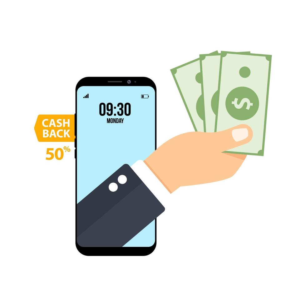 cashback voor een koper, een hand- met munten van een smartphone scherm en een Mens nemen geld vector