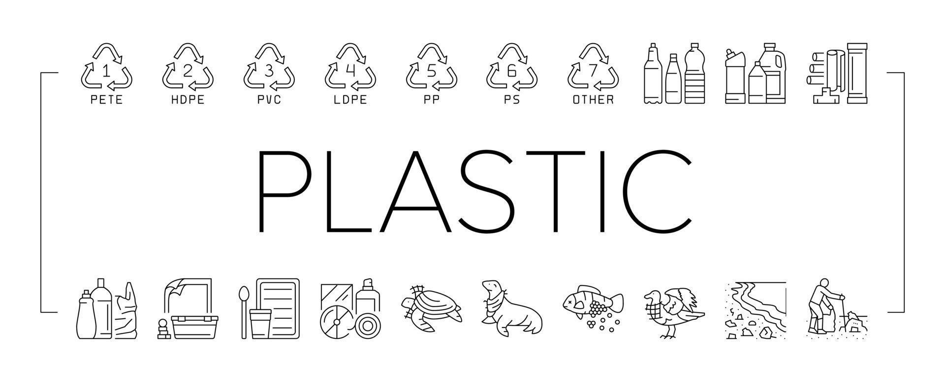 plastic verspilling natuur milieu pictogrammen reeks vector
