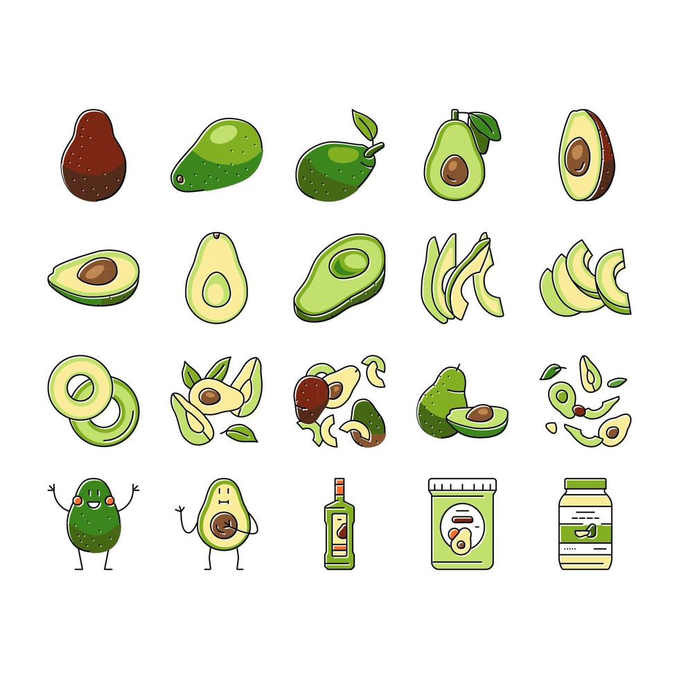 avocado voedsel groen voor de helft pictogrammen reeks vector