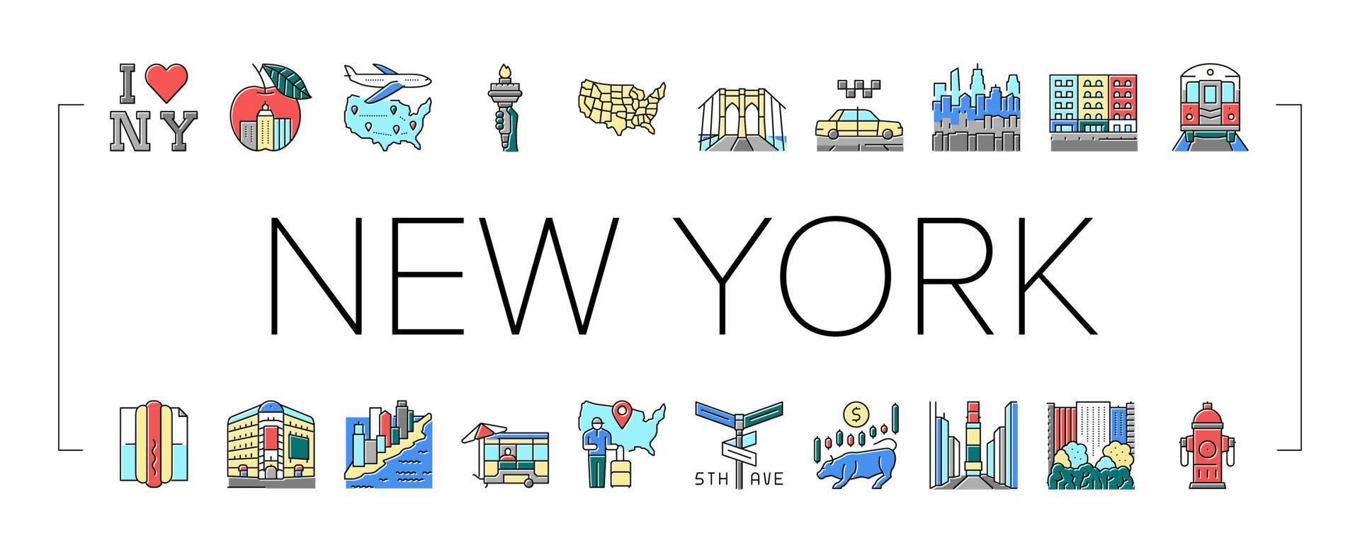 new york amerikaanse stad bezienswaardigheden pictogrammen instellen vector
