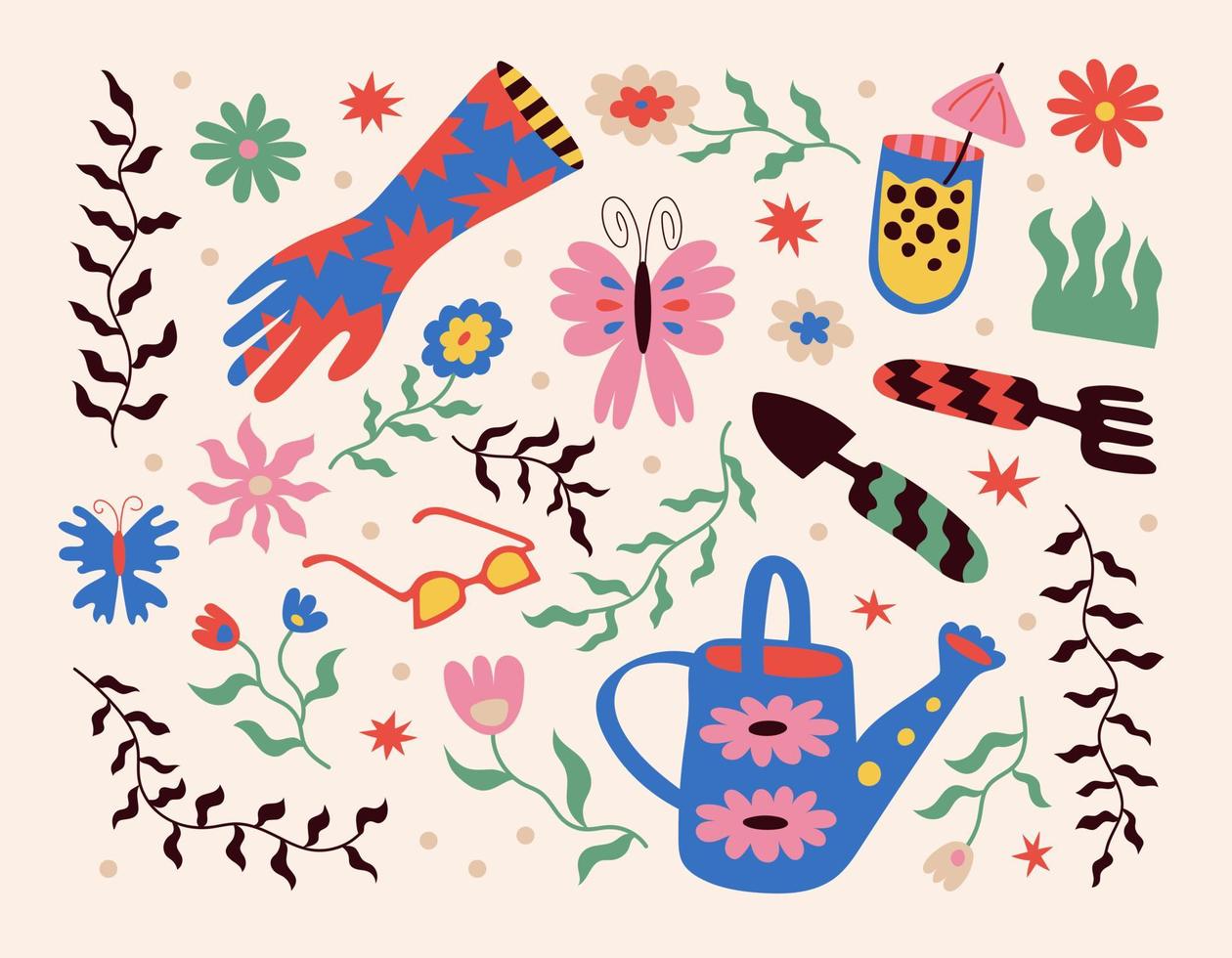 een reeks van stickers met getrokken dingen voor de tuin. tekening stijl. divers kleurrijk spatels, bloemen, planten, vlinders, bril. hand- getrokken mode vector illustratie.