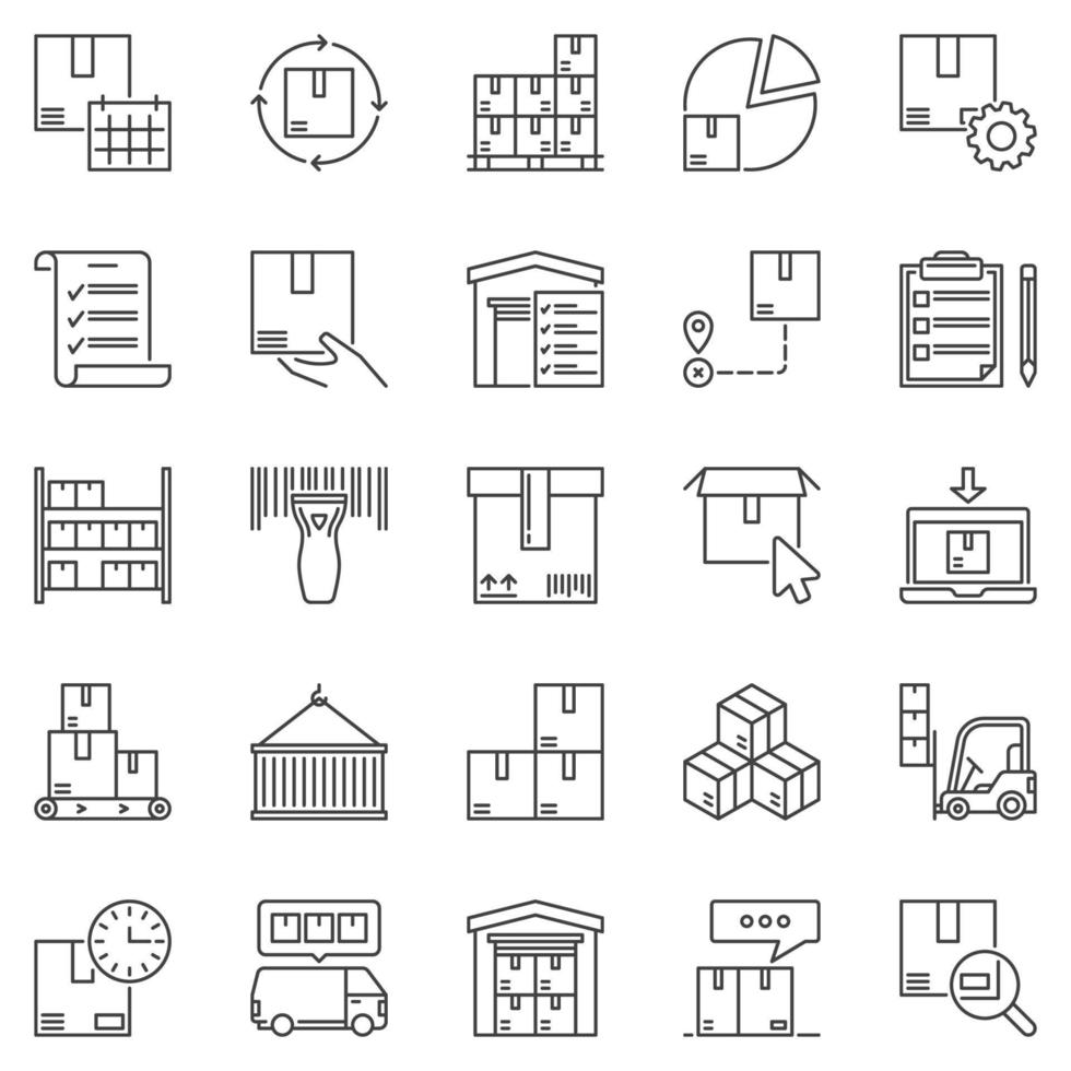 voorraad en opslagruimte schets pictogrammen reeks - magazijn en dozen lineair symbolen vector