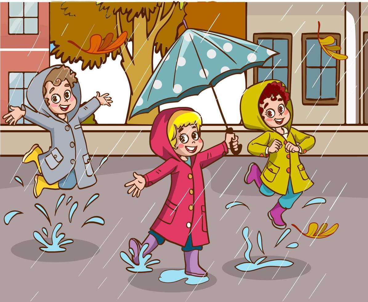 kinderen dansen in de regen tekenfilm vector