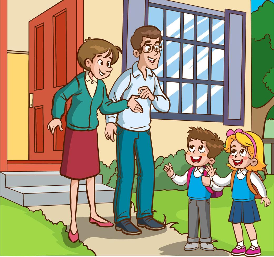 ouders Bezig met verzenden hun kinderen naar school- tekenfilm vector