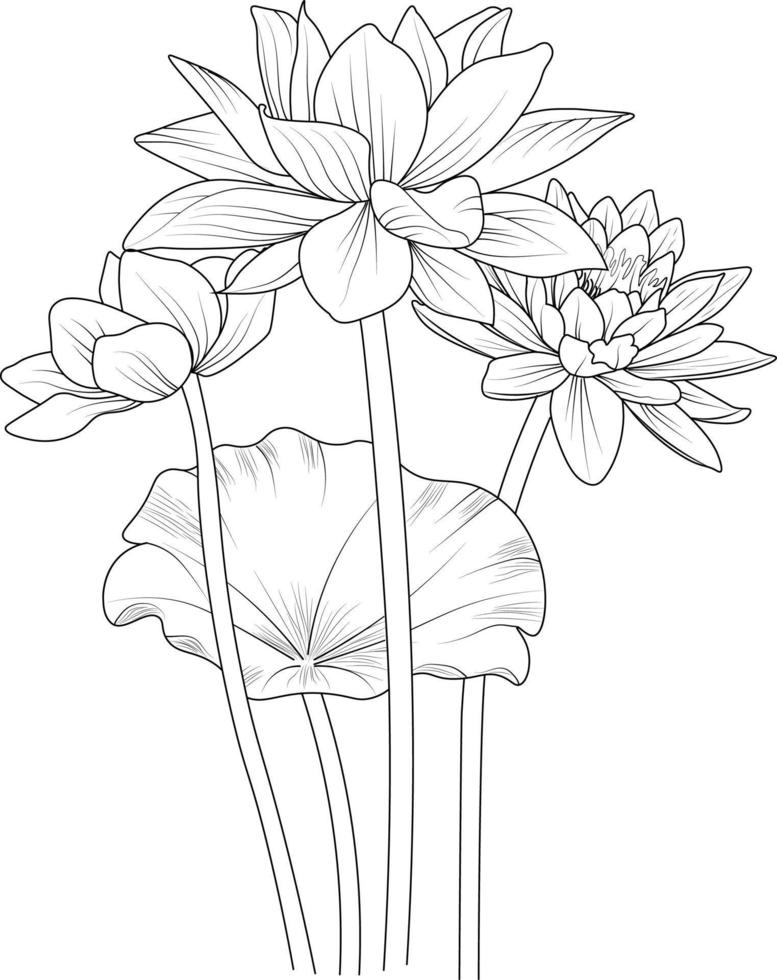 lotus bloem schets, mooi botanisch bloemen patroon illustratie voor kleur bladzijde of boek, Egyptische lotus bloem schetsen kunst hand- getrokken monochroom, vector kunst, illustratie.