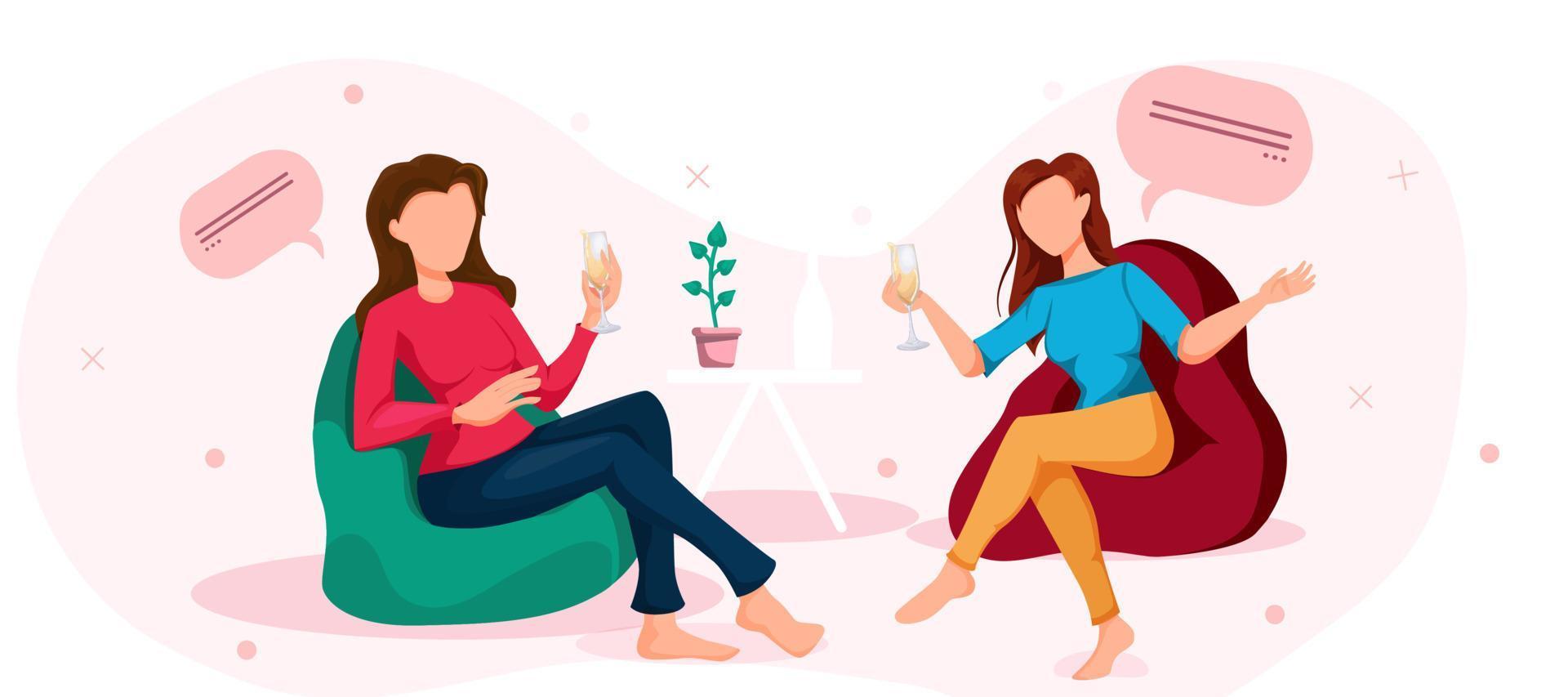 Internationale dag van vriendschap. twee vriendinnetjes zijn chatten en drinken Champagne. vector illustratie