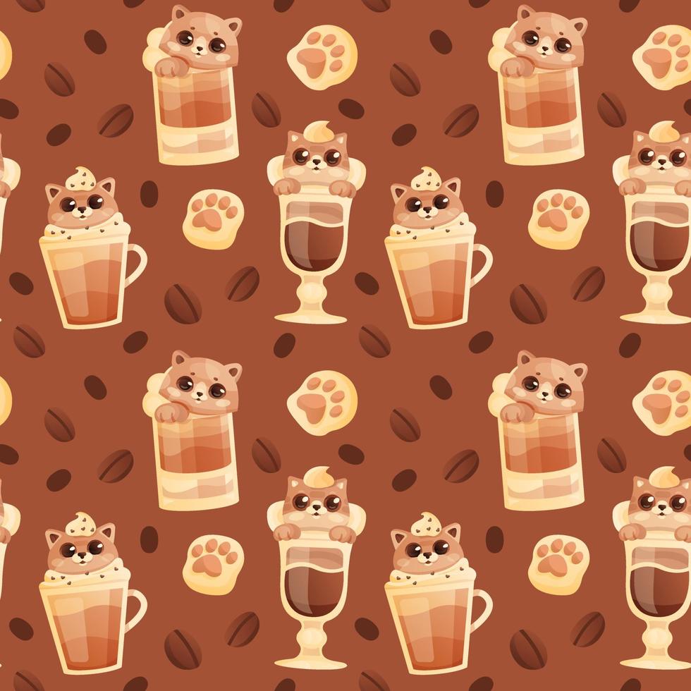 naadloos patroon met tekenfilm schattig katten in koffie kop vector