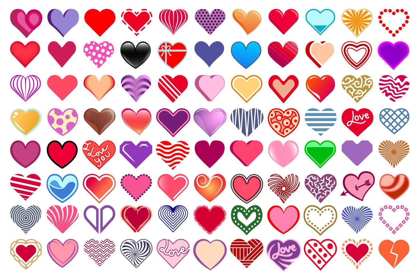 kleurrijk harten geïsoleerd Aan wit achtergrond. hart pictogrammen in verschillend kleur en ontwerp. levendig illustratie set, kleurrijk verzameling. vector