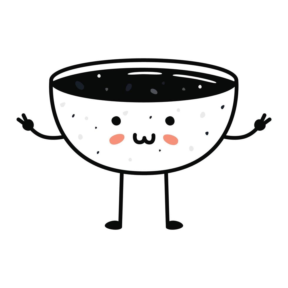 kawaii sushi mascotte in tekenfilm stijl. schattig soja saus kom voor menu vector