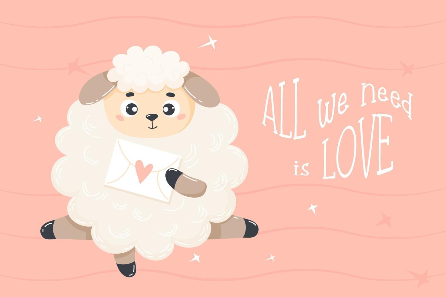 romantisch poster met schattig schapen met liefde brief. vector illustratie in tekenfilm vlak stijl. koel horizontaal kaart Valentijn met opschrift allemaal wij nodig hebben is liefde.