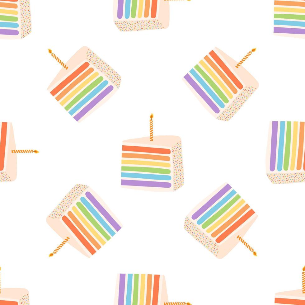 naadloos patroon met regenboog verjaardag taart en kaars in vlak stijl. vector achtergrond van zoet toetje voor omhulsel papier, kaarten, textiel