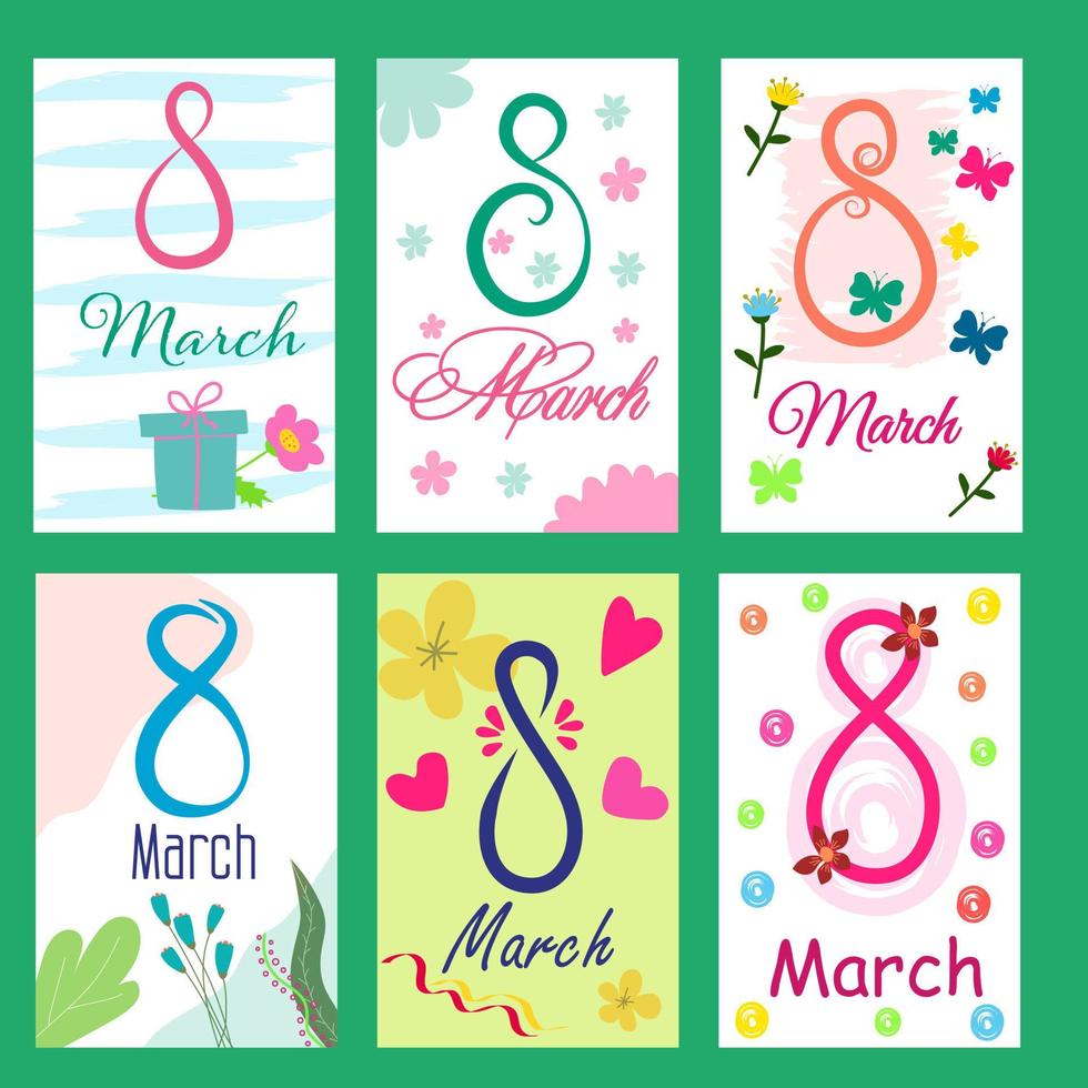 maart 8, een reeks van helder creatief kaarten met bloemen en decoratief elementen. handgemaakt. Internationale vrouwen dag. vector
