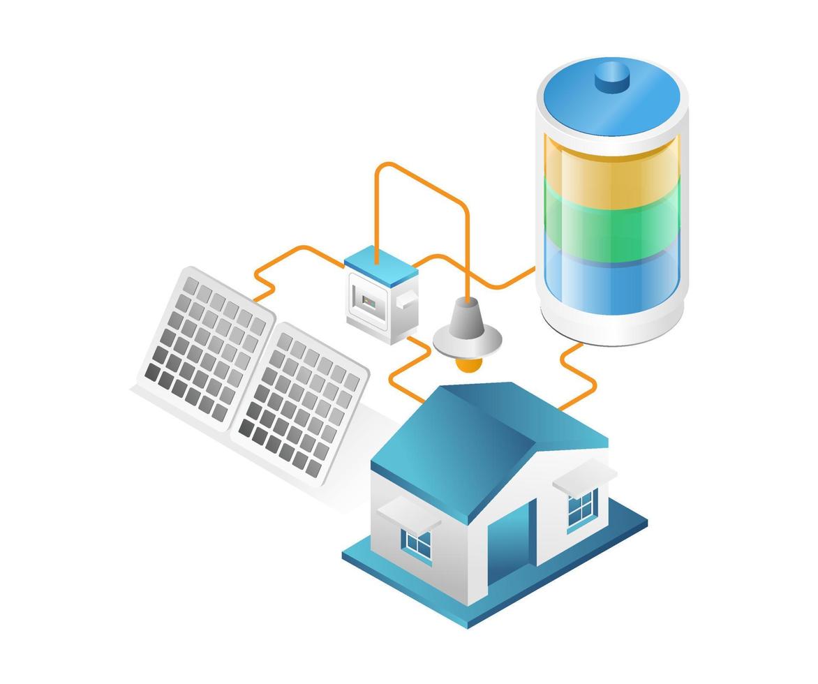 vlak isometrische 3d illustratie concept van huis elektrisch energie van zonne- panelen vector