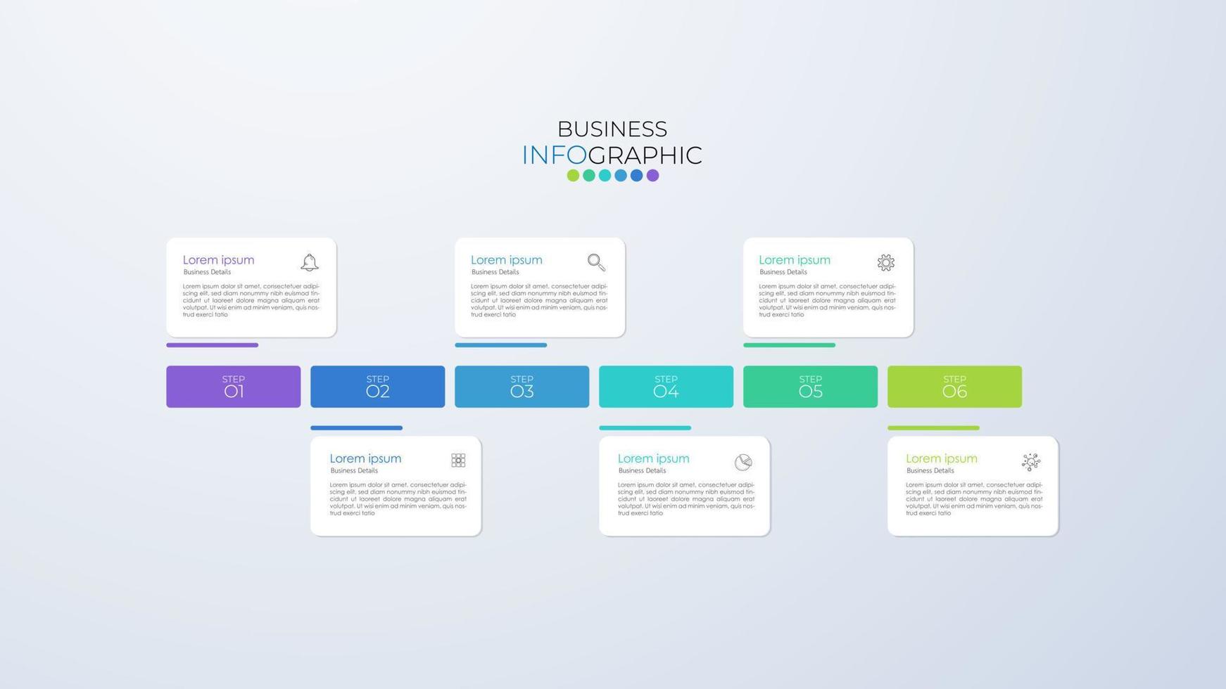 infographic ontwerpsjabloon kan worden gebruikt voor presentatie, banner, afbeelding, bedrijfsstroom en diagram. moderne platte tijdlijnsjabloon met 6 opties, onderdelen, stap voor proces. abstracte sjabloon. vector