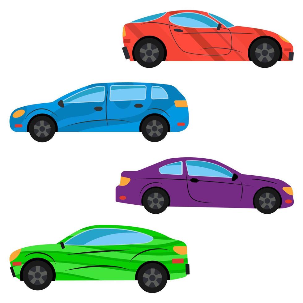 een reeks van vier auto's geschilderd in verschillend kleuren. vector illustratie