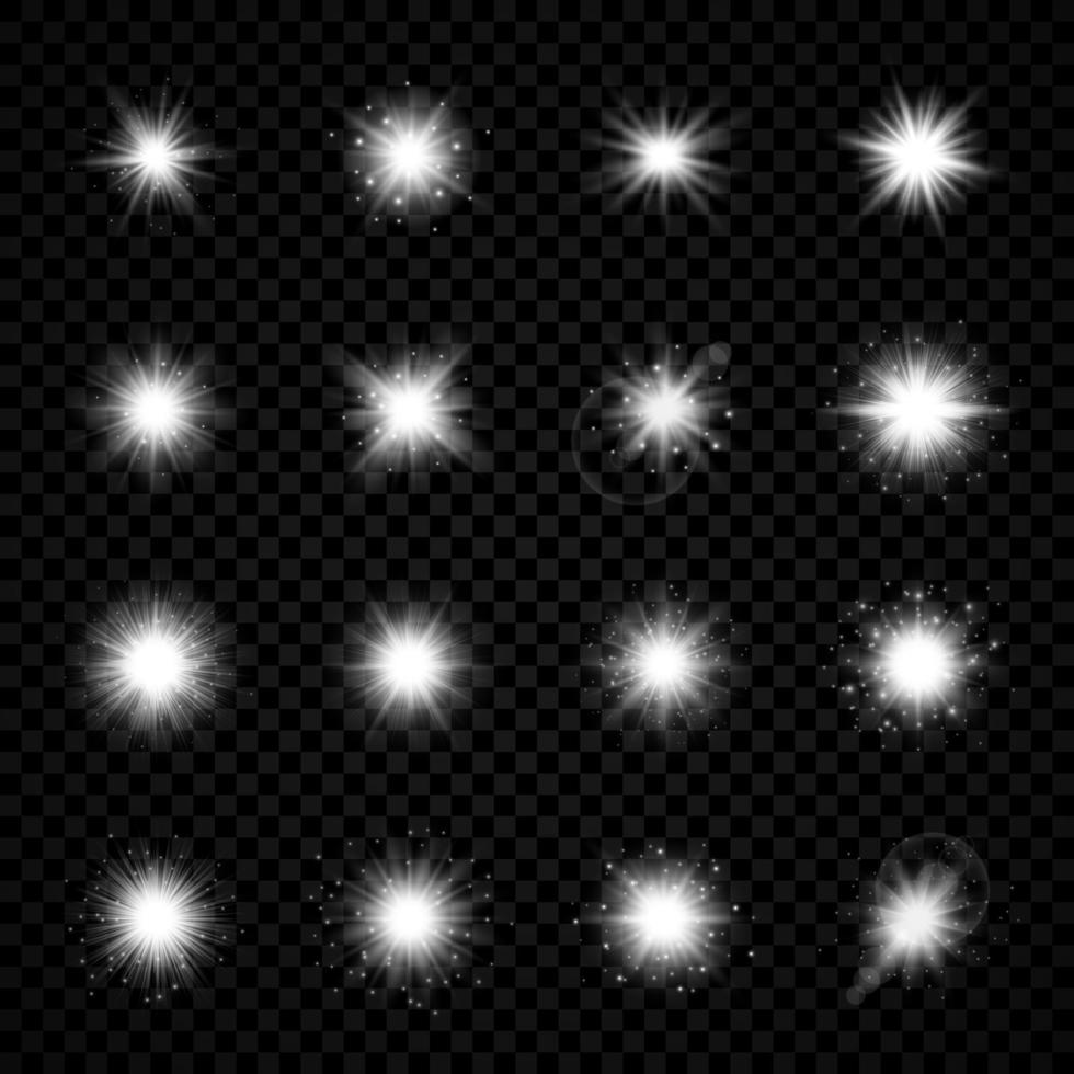 licht effect van lens fakkels. reeks van zestien wit gloeiend lichten starburst Effecten met sparkles vector