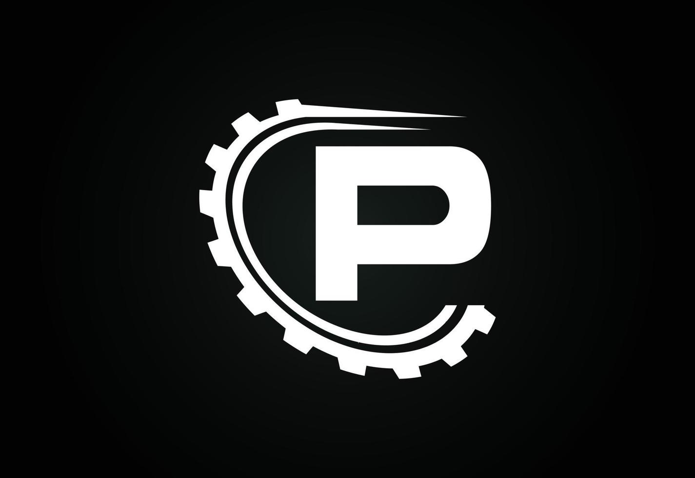eerste p alfabet met een versnelling. uitrusting ingenieur logo ontwerp. logo voor auto, mechanisch, technologie, instelling, reparatie bedrijf, en bedrijf identiteit vector