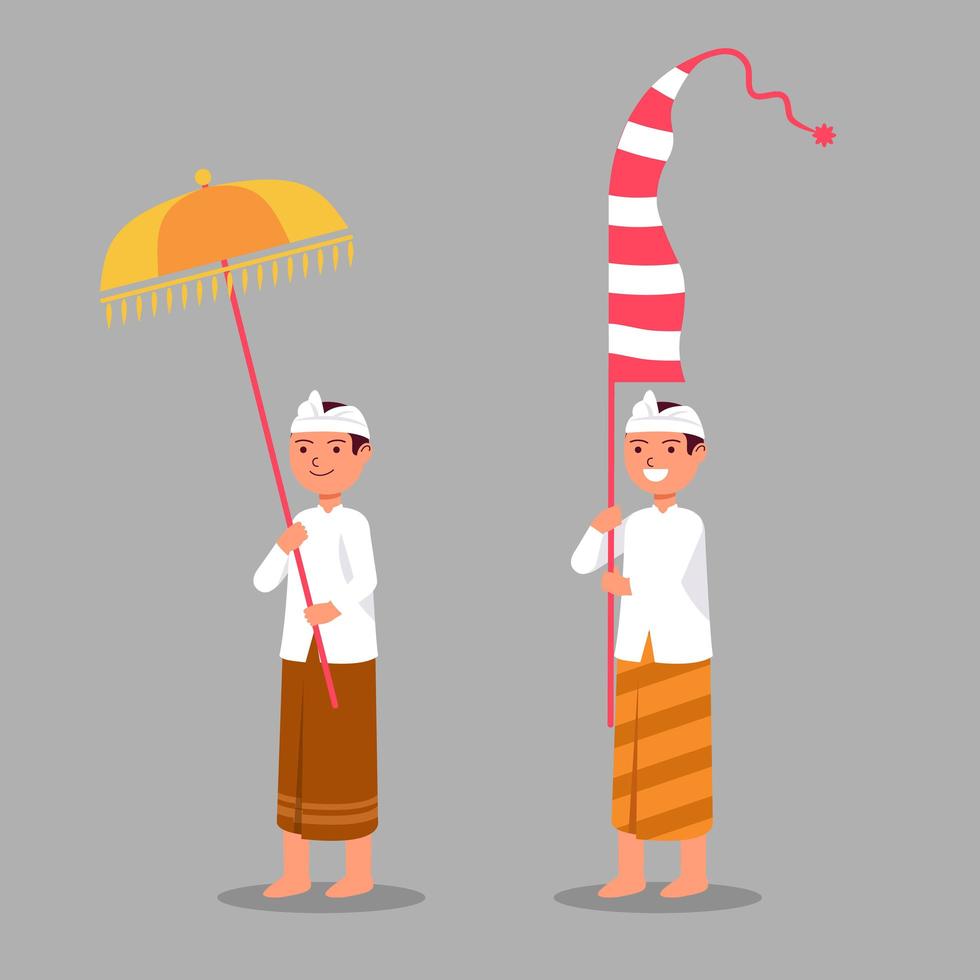 traditionele balinese jongen brengt paraplu en lange vlag voor ritusceremonie vector