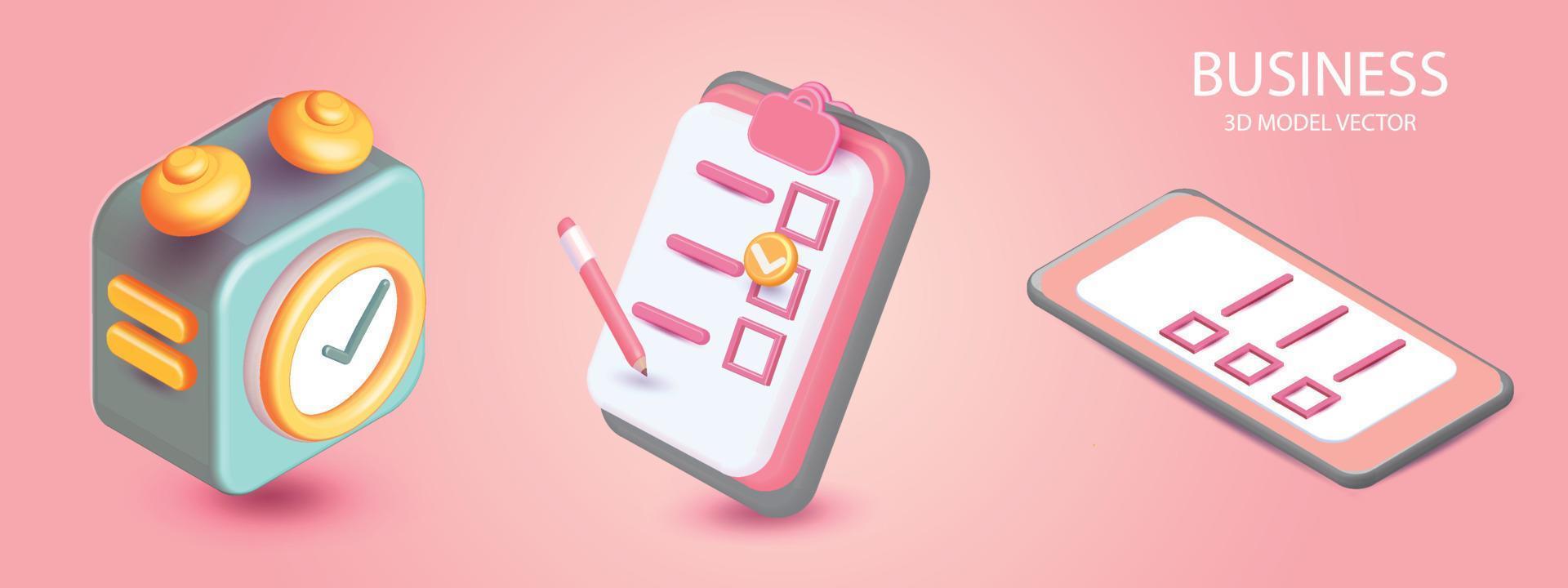 3d alarm klok icoon voor succes en klembord met checklist en potlood Aan roze achtergrond ,tijd kijk maar minimaal voor beheren concept van tijd vector