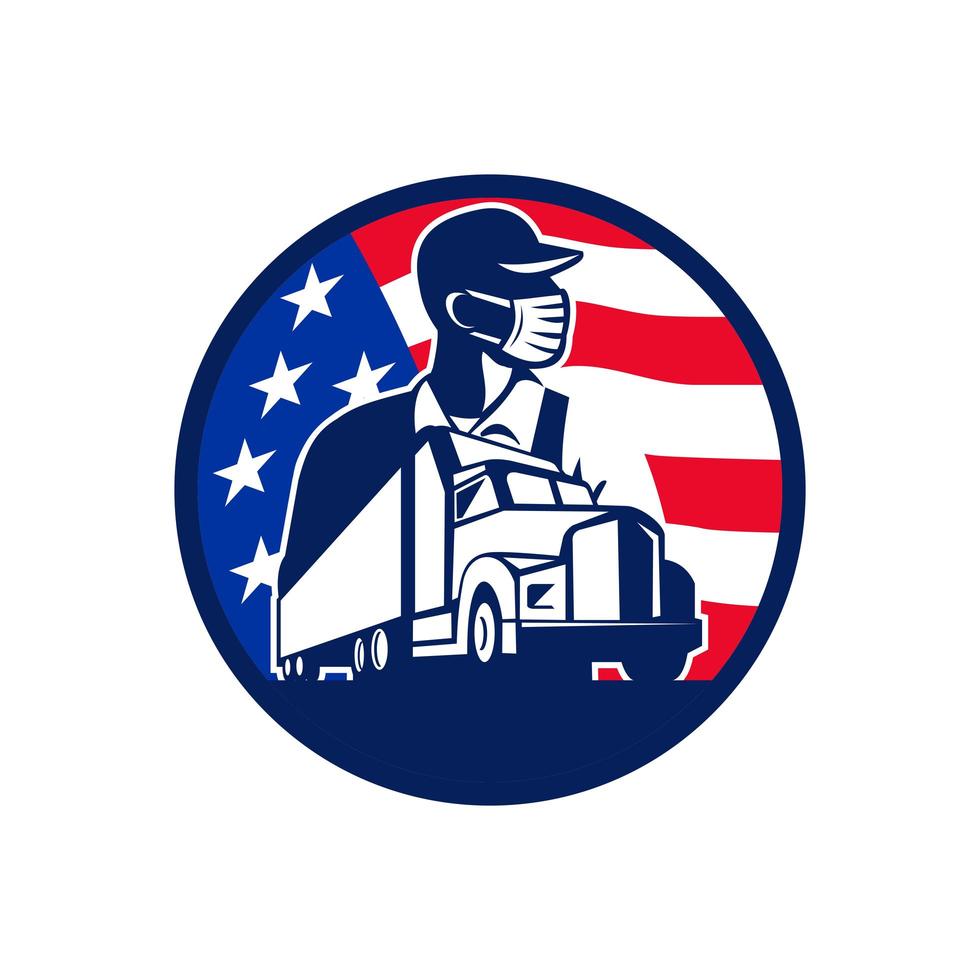 Amerikaanse vrachtwagenchauffeur draagt masker usa vlag cirkel mascotte embleem vector