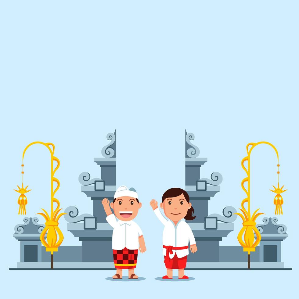 schattige cartoon kinderen voor de hindoe-tempel poort van Bali vector