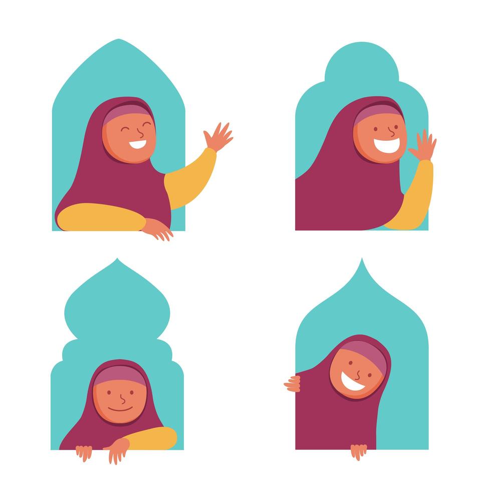 meisje moslim plat karakter gluren in het raam vector
