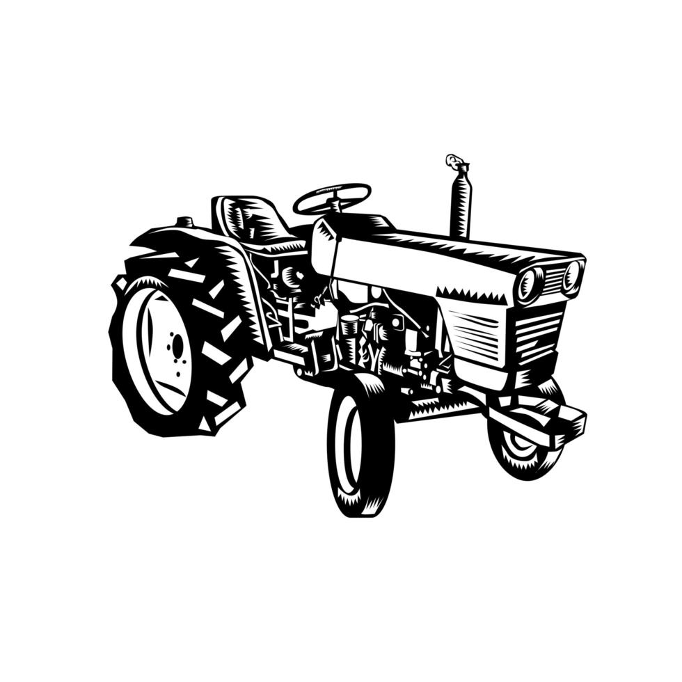 vintage boerderij tractor zijaanzicht houtsnede in zwart-wit vector