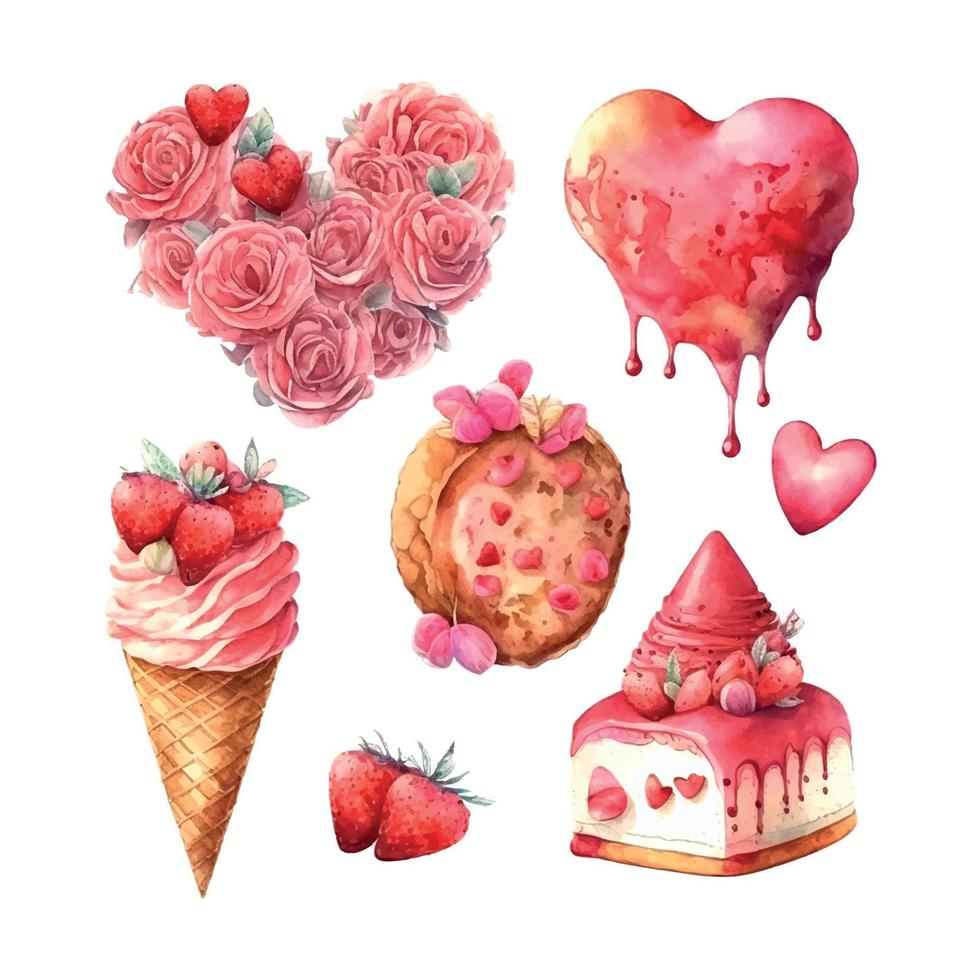 vector schattig voorwerpen en elementen voor Valentijnsdag dag kaarten bloemen, hart, snoepgoed, taart, sleutel, snoep, roos, lolly, ijs room kar