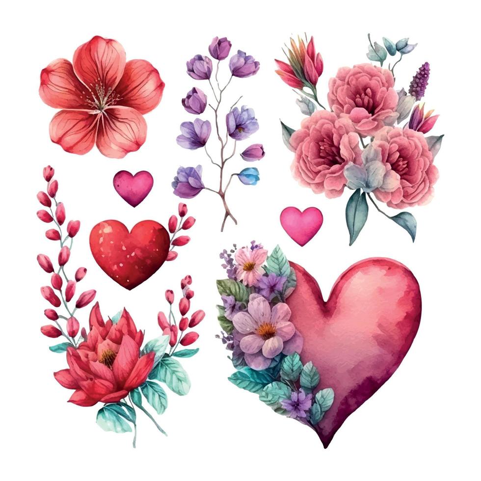 Valentijnsdag dag en bruiloft waterverf hand- getrokken illustraties. verschillend harten, rood bloemen pioenrozen, pot van harten reeks van romantisch wijnoogst elementen. vector