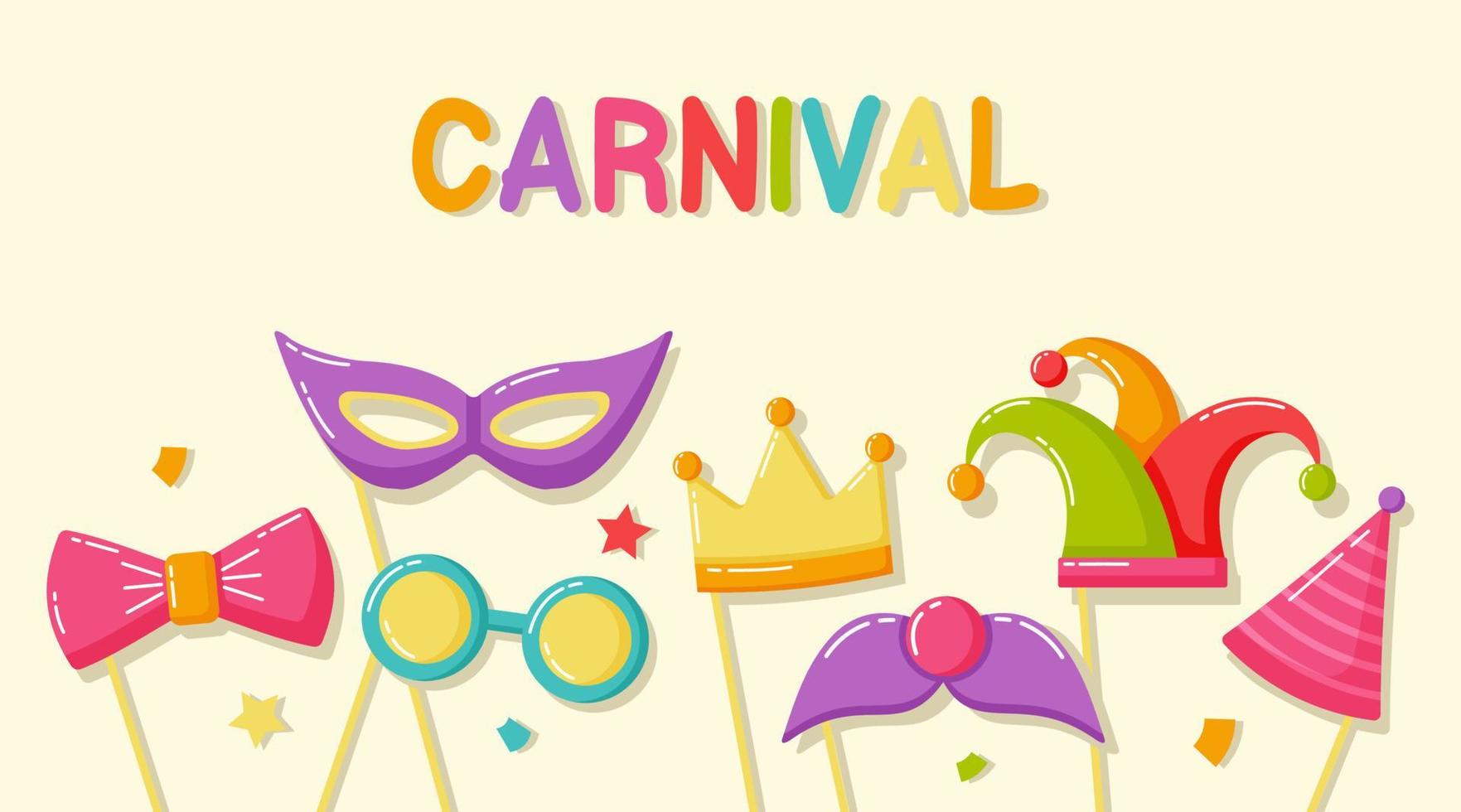 Purim carnaval achtergrond met kroon, masker, grappenmaker hoed, bril, snor, boog en partij hoed vector