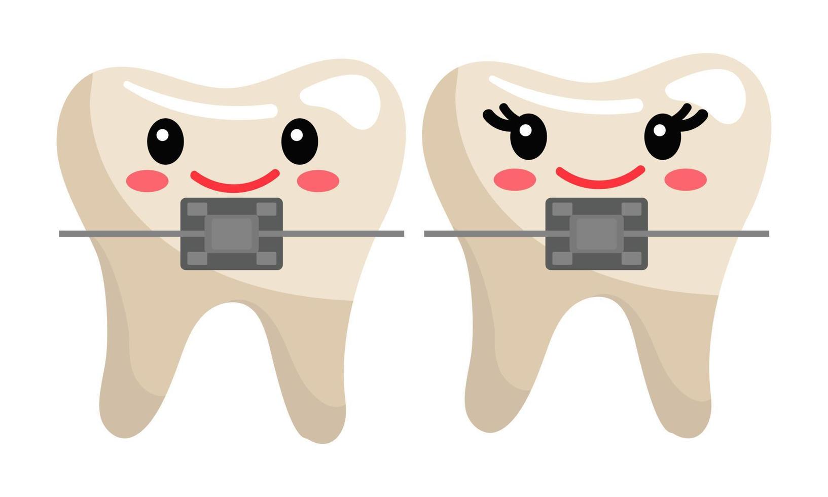 schattig tanden met smiley gezichten, vastgemaakt met briketten. schoon, ook al, blij tanden met emoties. een meisje en een jongen en een inscriptie. tanden in een vlak stijl Aan een wit achtergrond vector