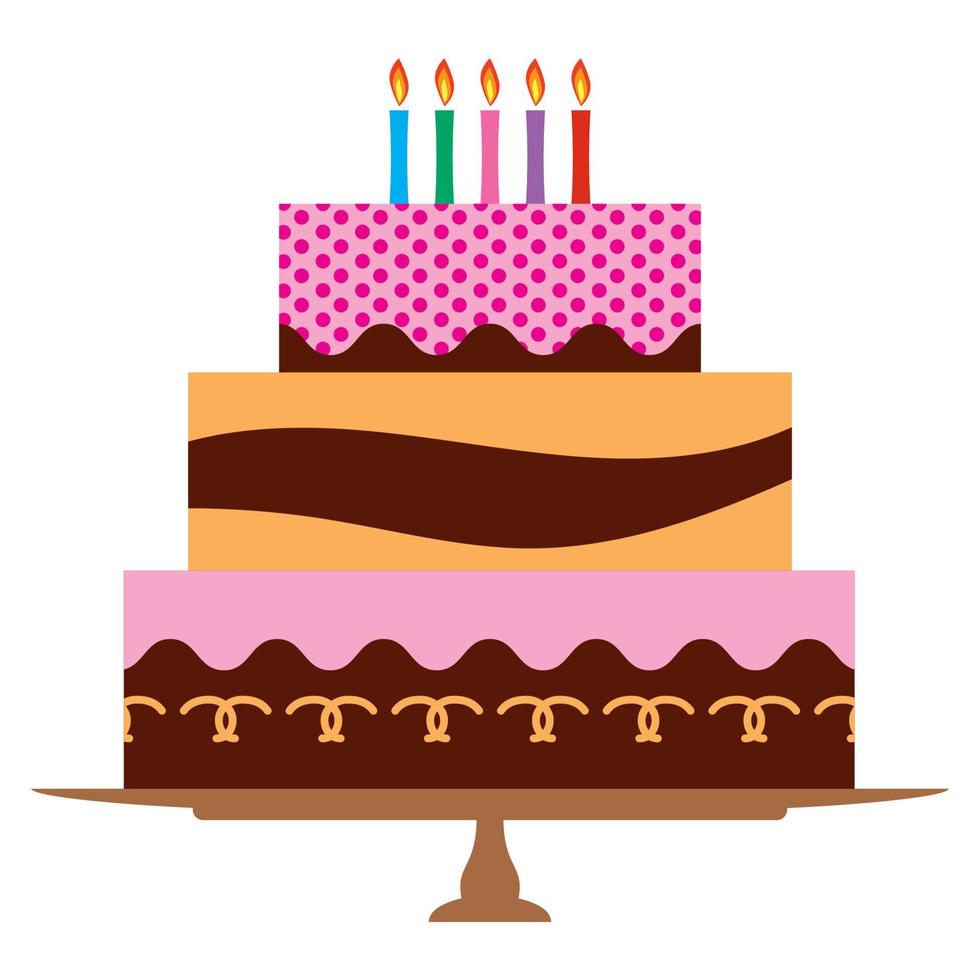 zoet verjaardag taart met vijf brandend kaarsen. kleurrijk vakantie nagerecht. vector viering achtergrond.