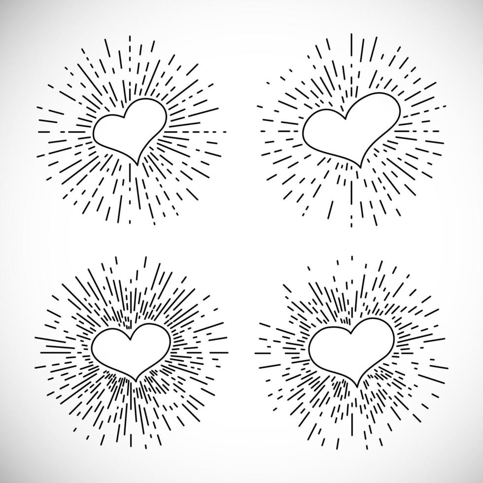 reeks van vier harten met hand- getrokken wijnoogst barsten stralen. retro ontwerp element. vector illustratie