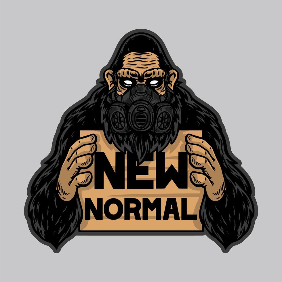 koele gorilla of aap gebruikt masker en houdt een nieuwe normale banner vast vector