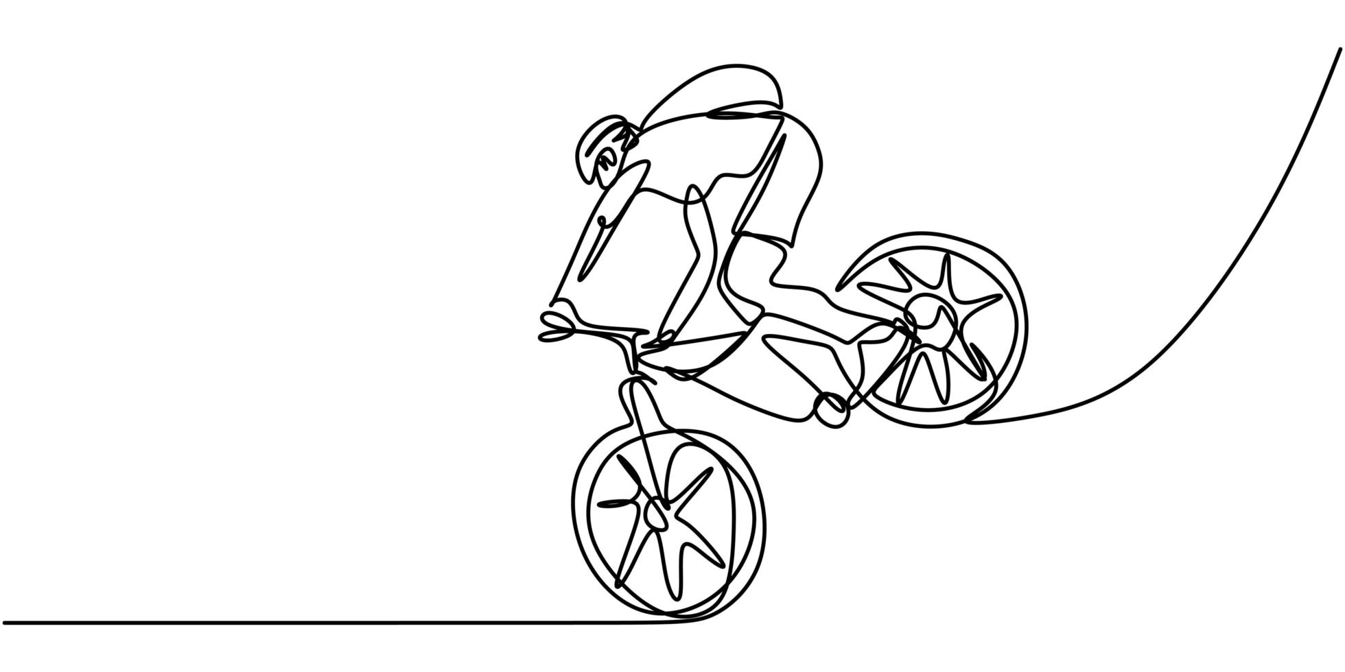 ononderbroken één regel jonge wielrenner man in een helm voert een truc op de fiets. vector