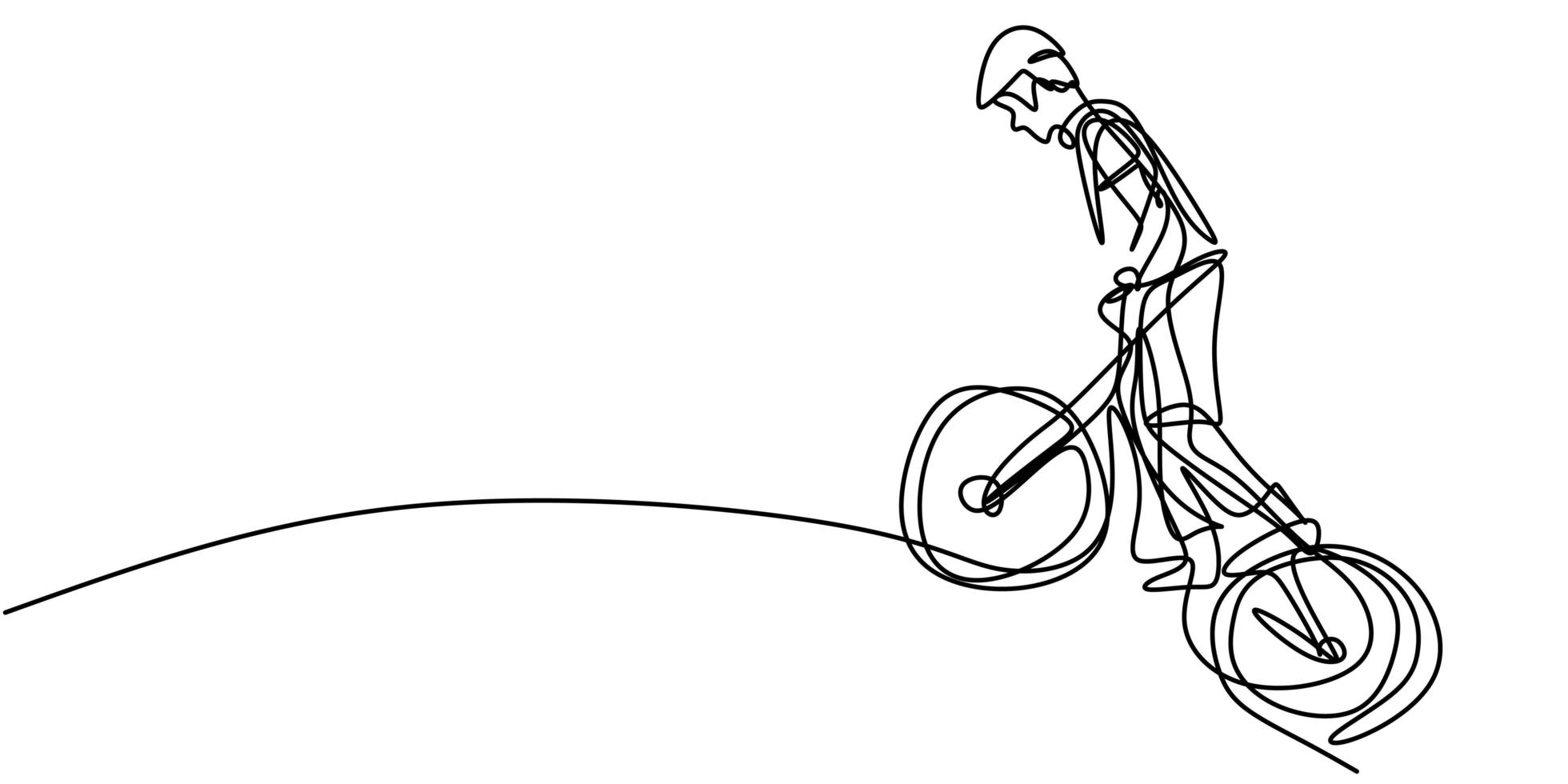ononderbroken één regel jonge wielrenner man in een helm voert een truc op de fiets. vector