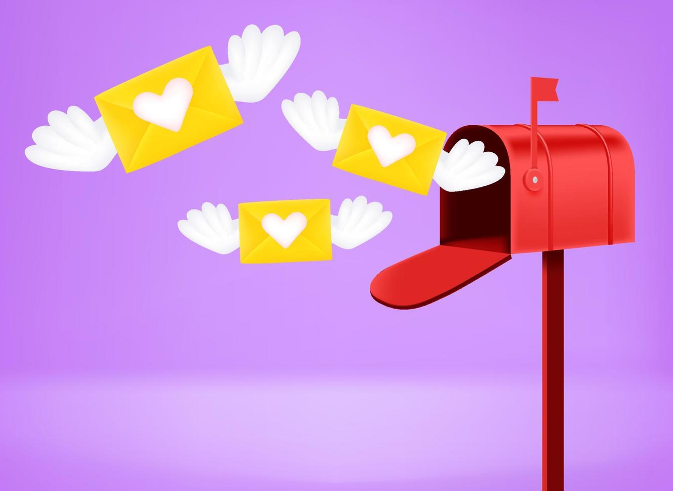 liefde mails vliegend naar de mail doos. 3d vector concept