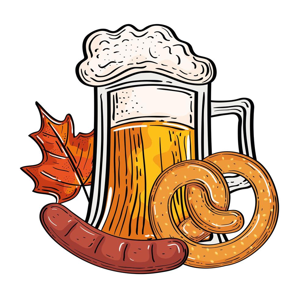 Oktoberfest bierglas met krakeling en worst vector ontwerp