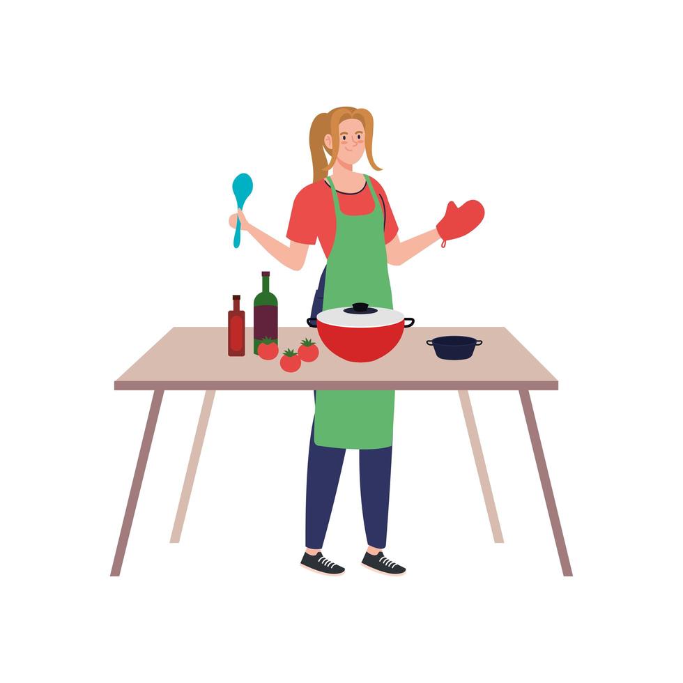 jonge vrouw koken met schort met houten tafel, op witte achtergrond vector