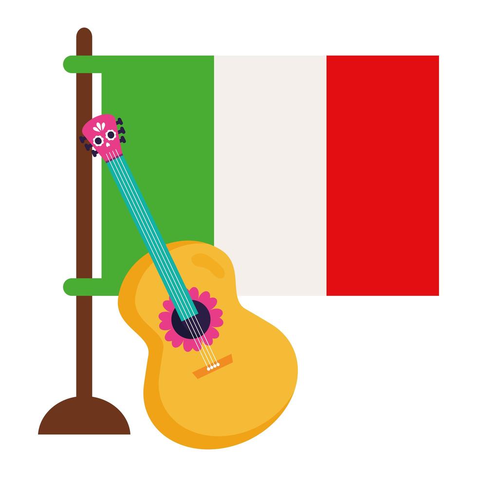 vlag mexico met gitaar op witte achtergrond vector