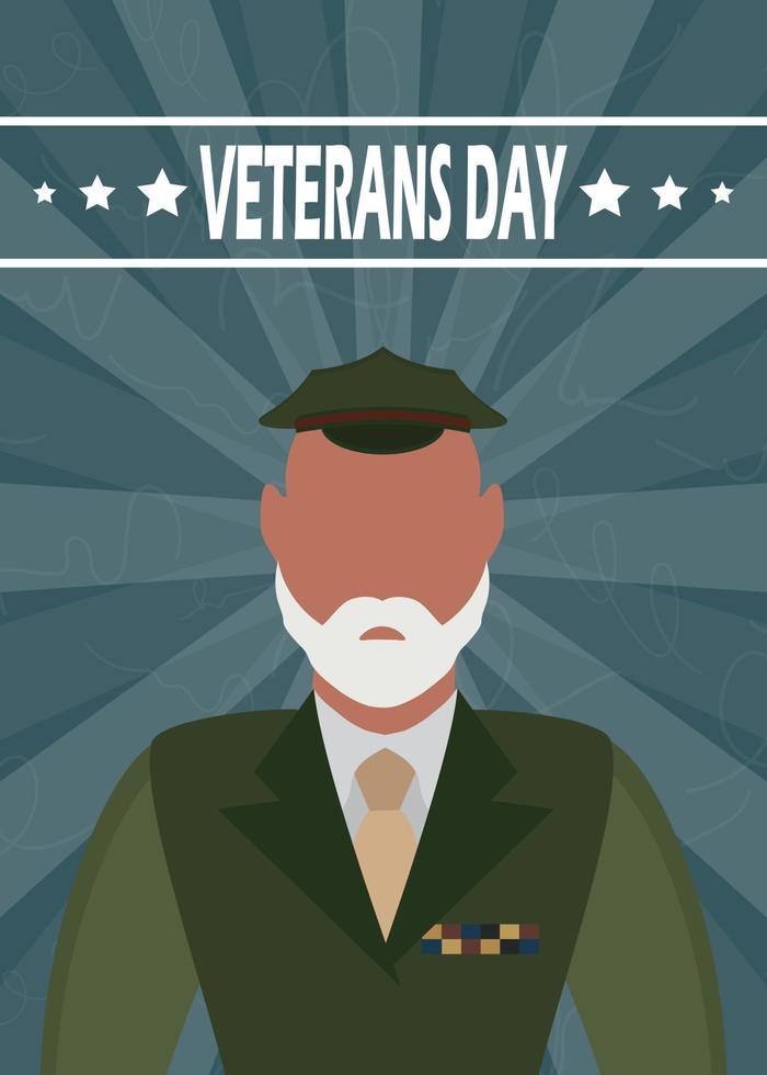 veteranen dag ansichtkaart. een ouderen veteraan in leger uniform. tekenfilm stijl. vector