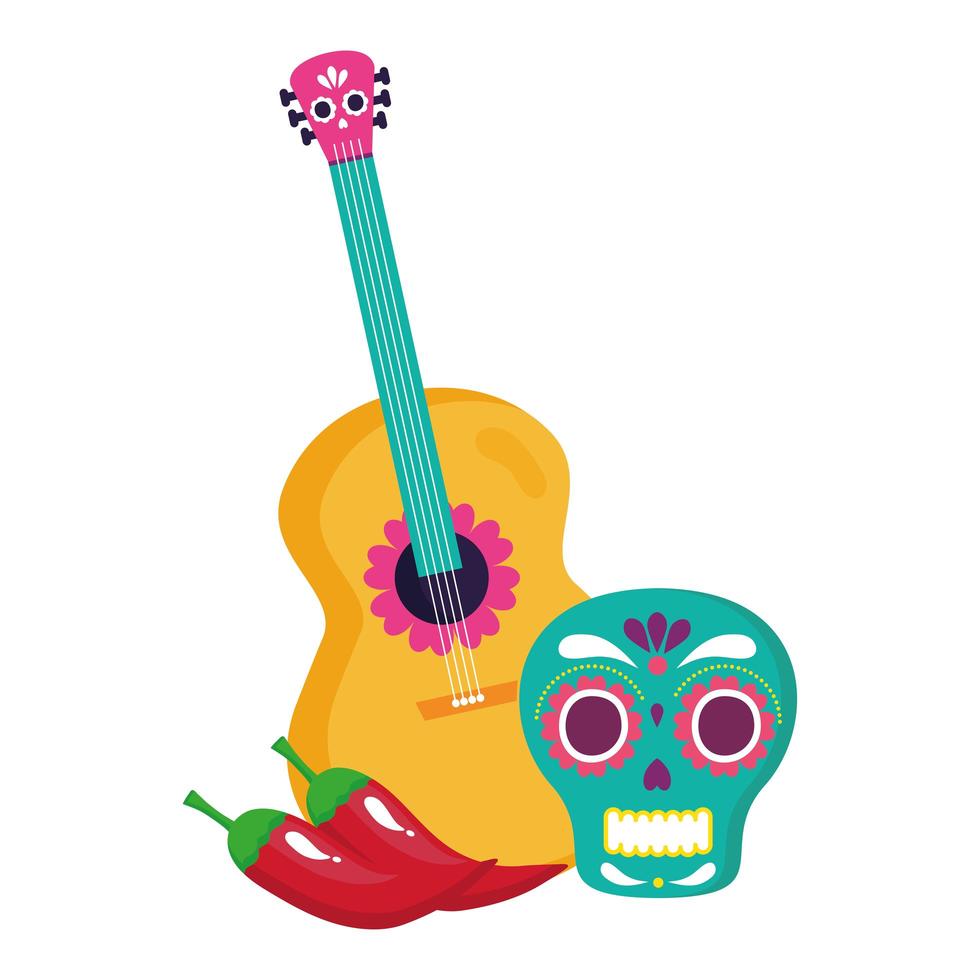 Mexicaanse schedel met gitaar en chilipepers, op witte achtergrond vector