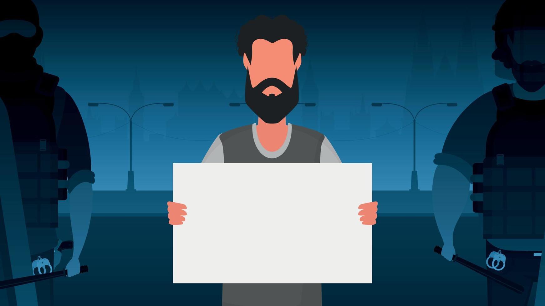 een Mens met een leeg banier in zijn handen tegen de backdrop van de stad. protest concept. tekenfilm stijl. vector
