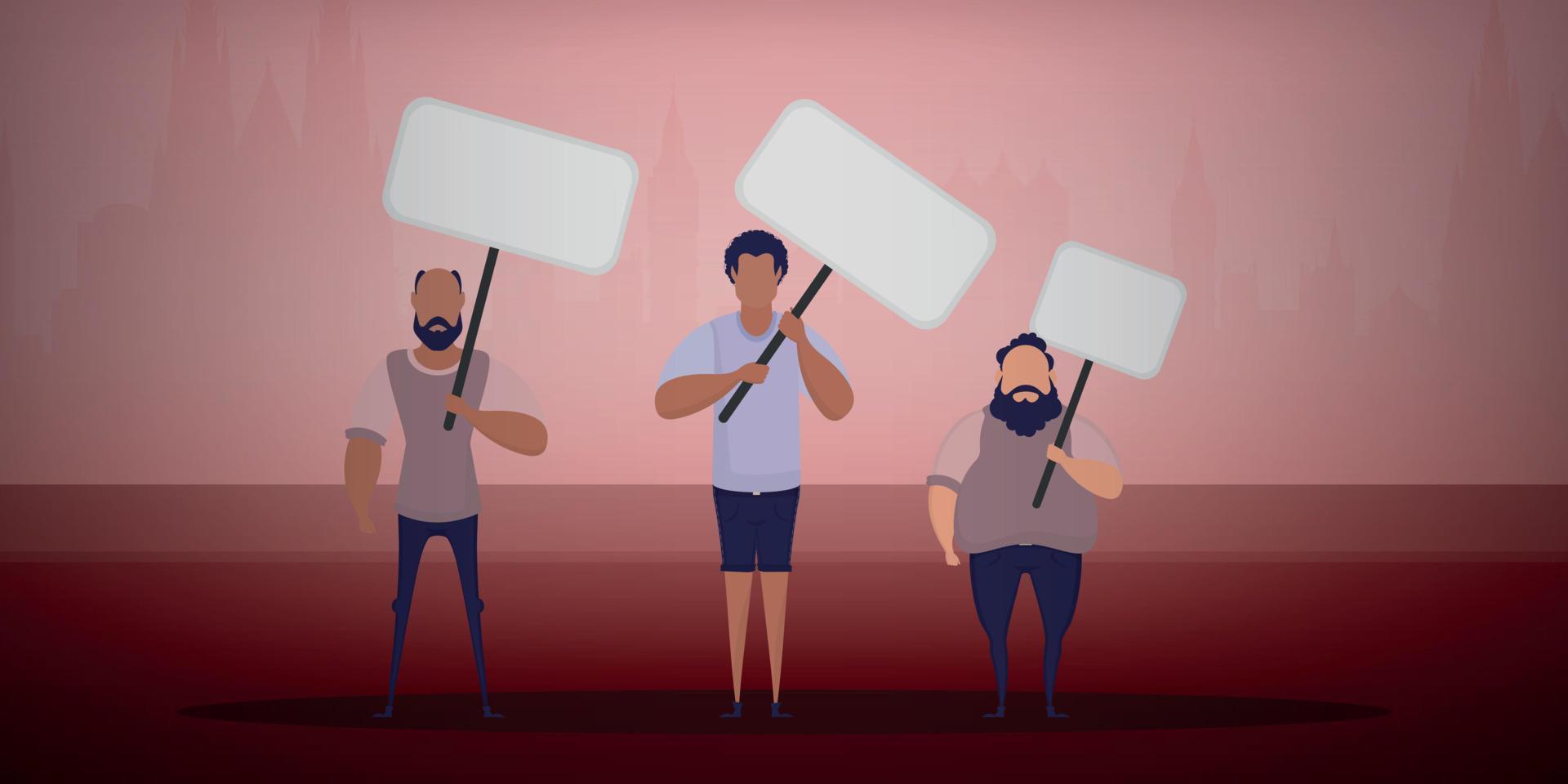 een groep van mannen met banners in hun handen zijn protesteren. tekenfilm stijl. vector illustratie.