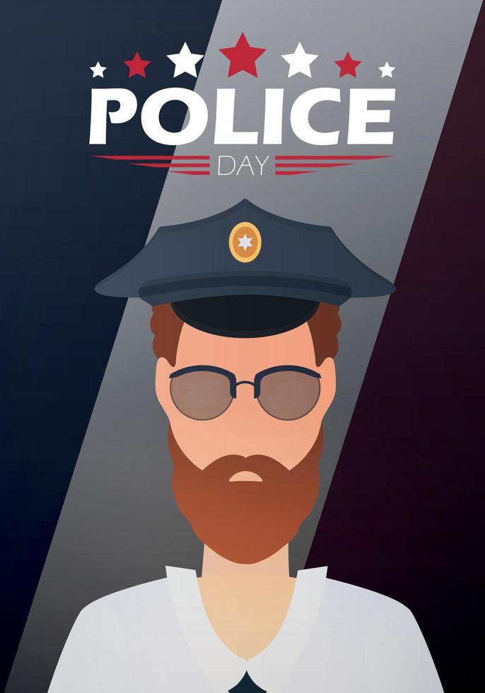 Politie dag. politieagent Aan de achtergrond van de vlag. tekenfilm stijl. vector